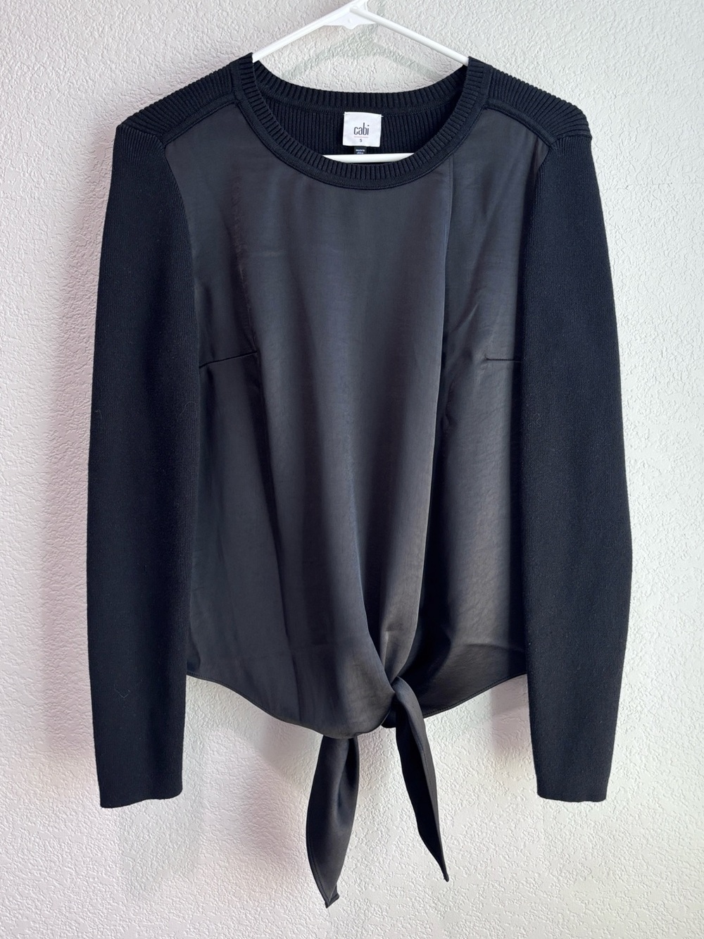 Cabi Crosstie Pullover Ribbed Knit Satin Mixed Media Sweater Black Size Small